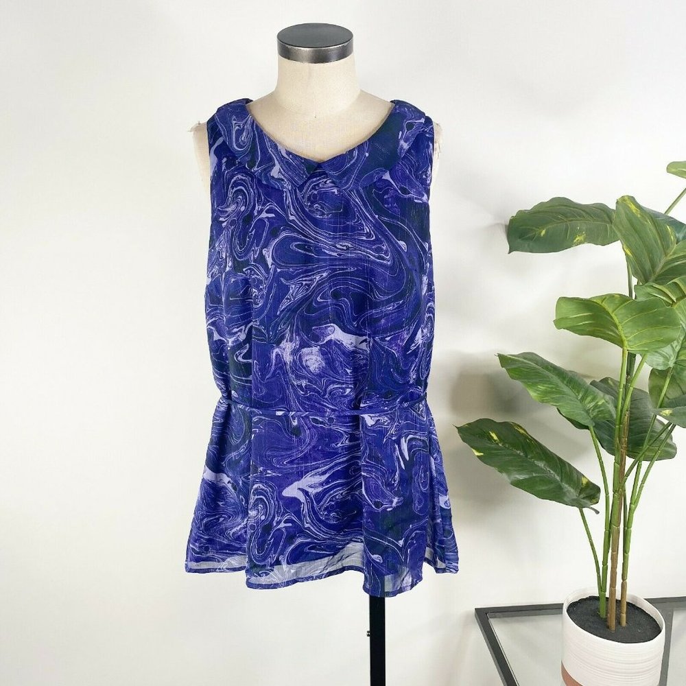 ModCloth Sleeveless Top Blouse XL Purple Blue Geode Tie Dye Peter Pan Collar